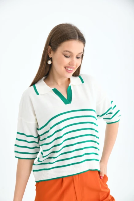 Kadın Polo Yaka Çizgili Triko Kazak Top-Ekru-Yeşil