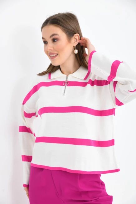 Polo Yaka Fermuarlı Çizgil Salaş Mevsimlik Kısa Triko Kazak