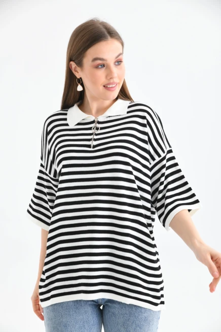 Polo Yaka Fermuarlı Çizgili Mevsimlik Salaş Triko Kazak