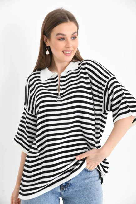 Polo Yaka Fermuarlı Çizgili Mevsimlik Salaş Triko Kazak