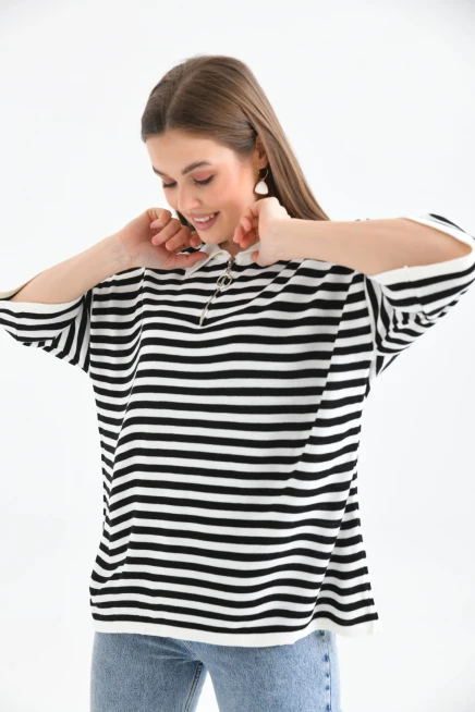 Polo Yaka Fermuarlı Çizgili Mevsimlik Salaş Triko Kazak