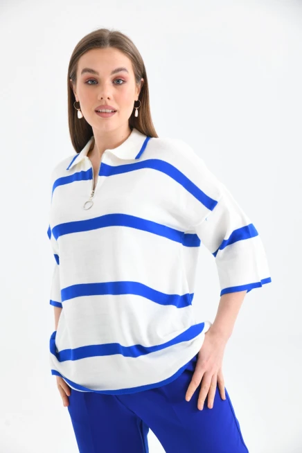 Polo Yaka Fermuarlı Çizgili Salaş Mevsimlik Trko Kazak