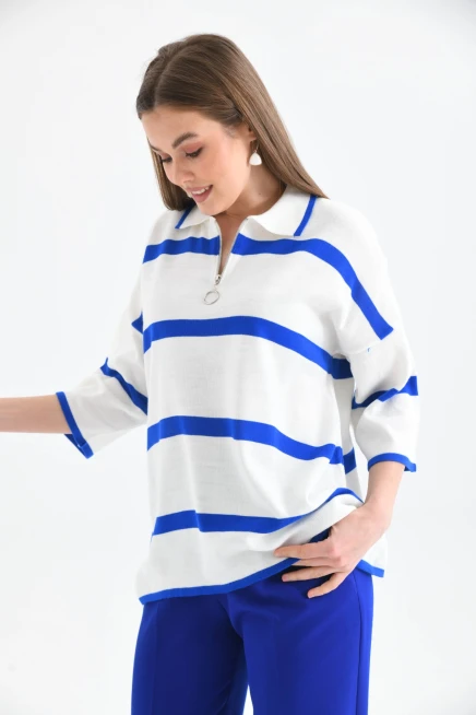 Polo Yaka Fermuarlı Çizgili Salaş Mevsimlik Trko Kazak