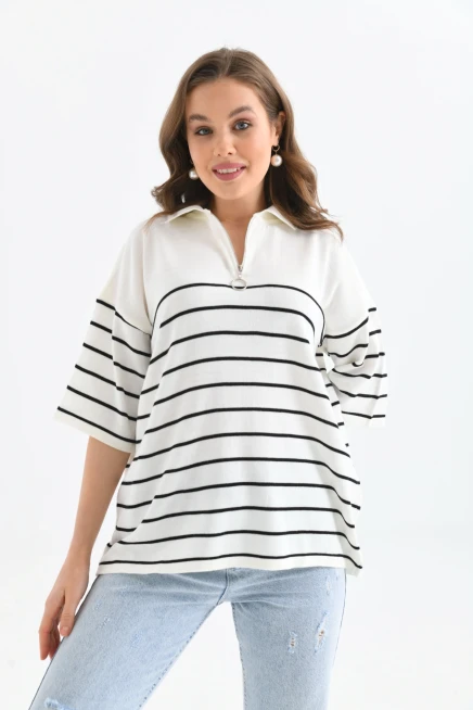 Polo Yaka Fermuarlı Çizgili Uzun Triko Kazak