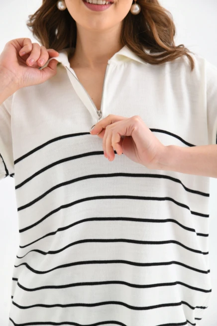 Polo Yaka Fermuarlı Çizgili Uzun Triko Kazak