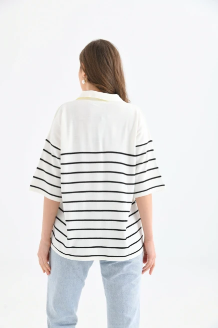 Polo Yaka Fermuarlı Çizgili Uzun Triko Kazak