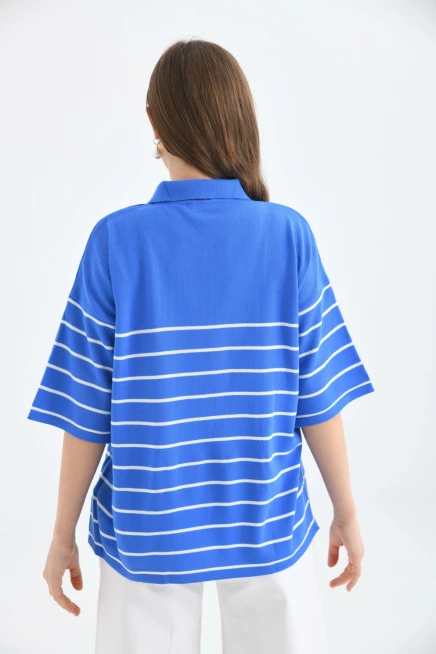 Polo Yaka Fermuarlı Çizgili Uzun Triko Kazak