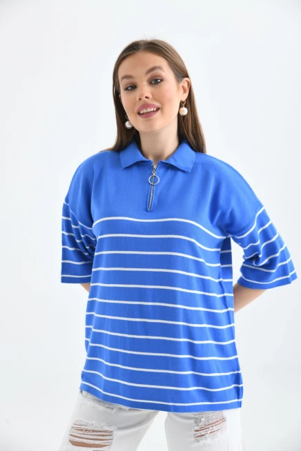 Polo Yaka Fermuarlı Çizgili Uzun Triko Kazak