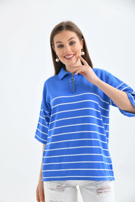 Polo Yaka Fermuarlı Çizgili Uzun Triko Kazak