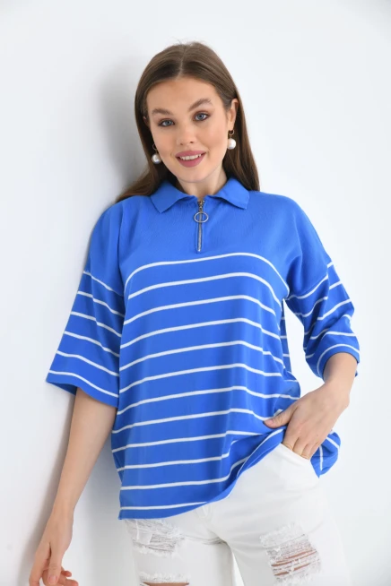 Polo Yaka Fermuarlı Çizgili Uzun Triko Kazak