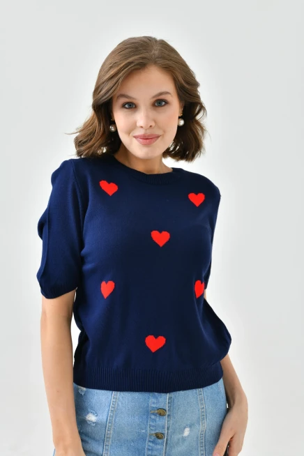 Bisiklet Yaka Kalp Desenli Mevsimlik Triko Kazak