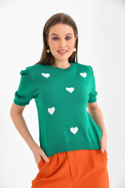 Bisiklet Yaka Kalp Desenli Mevsimlik Triko Kazak