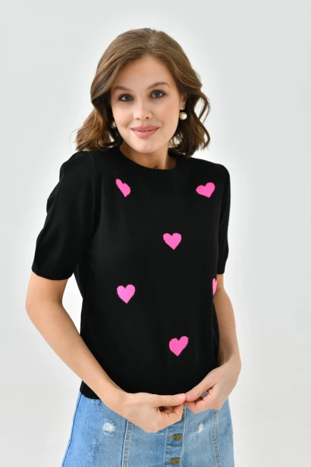 Bisiklet Yaka Kalp Desenli Mevsimlik Triko Kazak