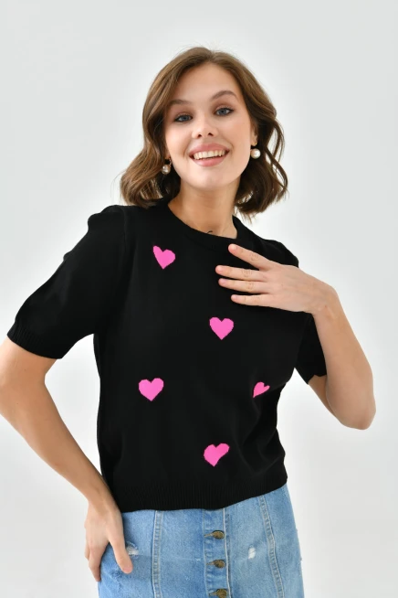 Bisiklet Yaka Kalp Desenli Mevsimlik Triko Kazak