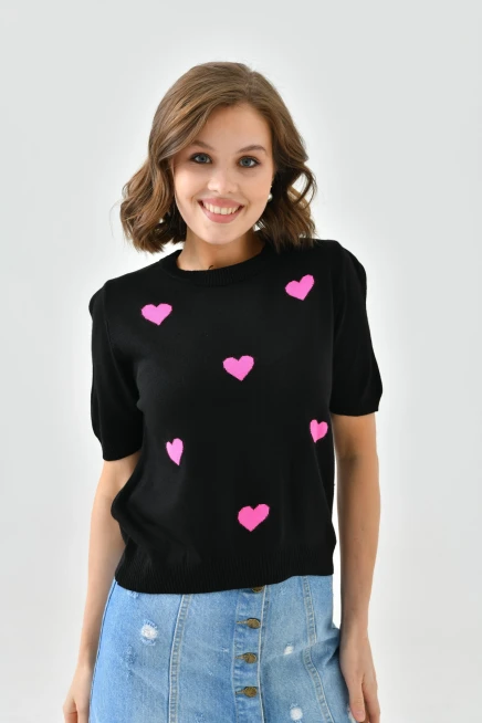 Bisiklet Yaka Kalp Desenli Mevsimlik Triko Kazak