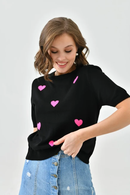 Bisiklet Yaka Kalp Desenli Mevsimlik Triko Kazak