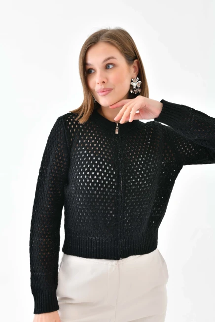 Bisiklet Yaka Fermuar Detaylı Delikli Triko Kazak