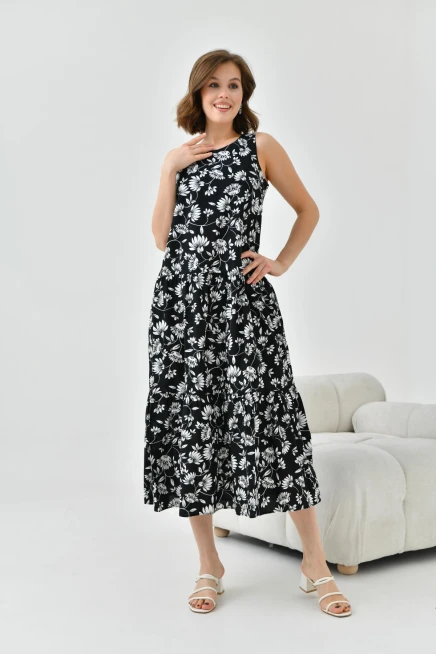 Kadın Siyah Çiçek Desenli Volan  Detaylı Kolsuz Dokuma Elbise