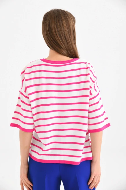 Siyah Çizgili Bisiklet Yaka Mevsimlik Salaş Triko Kazak