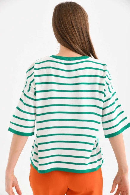 Siyah Çizgili Bisiklet Yaka Mevsimlik Salaş Triko Kazak