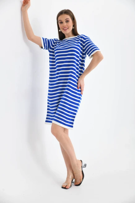 Kadın Çizgili Bisiklet Yaka Mevsimlik Triko Elbise