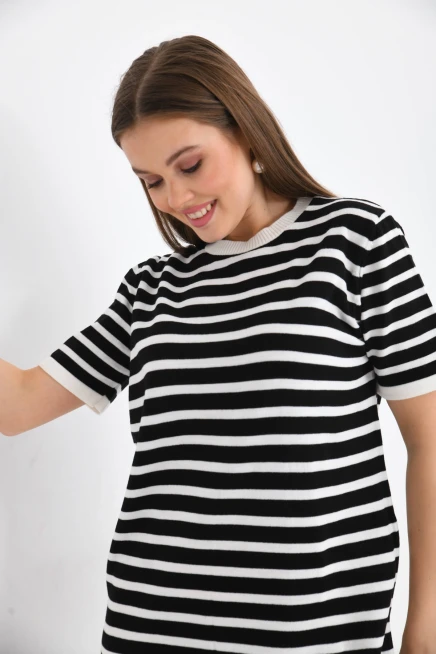 Kadın Çizgili Bisiklet Yaka Mevsimlik Triko Elbise