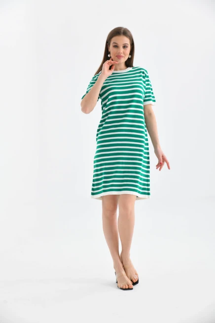 Kadın Çizgili Bisiklet Yaka Mevsimlik Triko Elbise