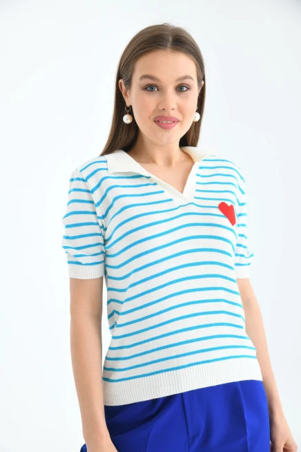 Kadın Çizgili Kalpli Mevsimlik Triko Kazak