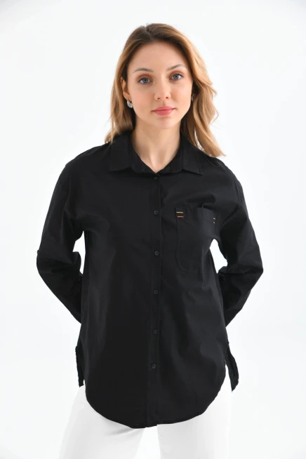 Oversize Cep Detay Uzun Basic Gömlek