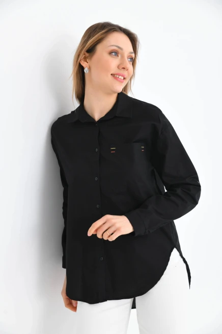 Oversize Cep Detay Uzun Basic Gömlek