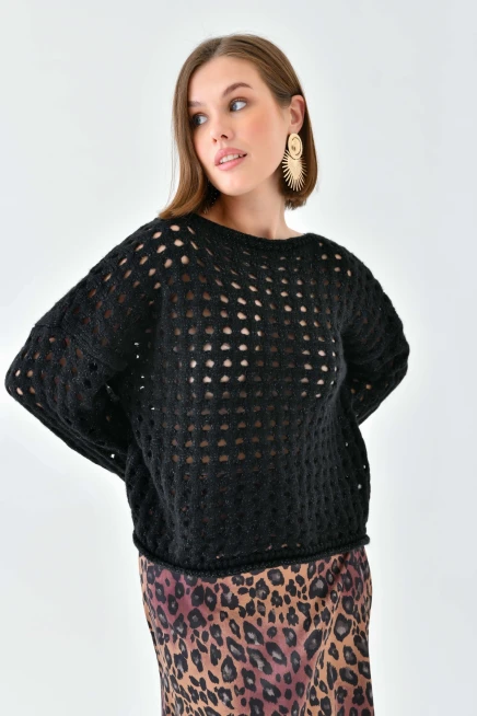 Simli Örgü Detaylı Oversize Bisiklet Yaka Triko Kazak