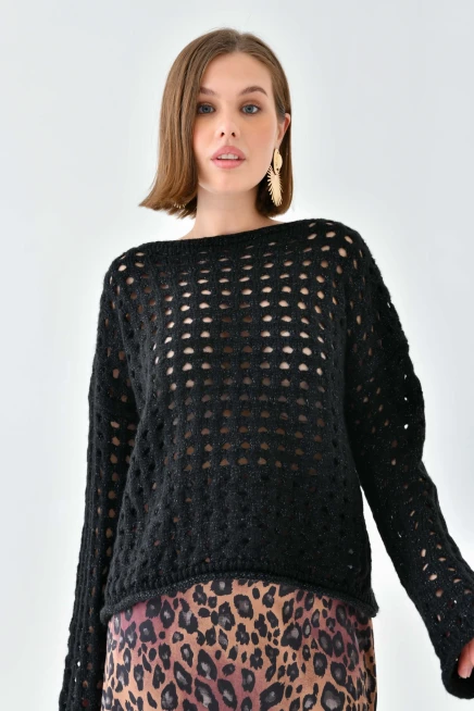 Simli Örgü Detaylı Oversize Bisiklet Yaka Triko Kazak