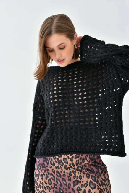 Simli Örgü Detaylı Oversize Bisiklet Yaka Triko Kazak