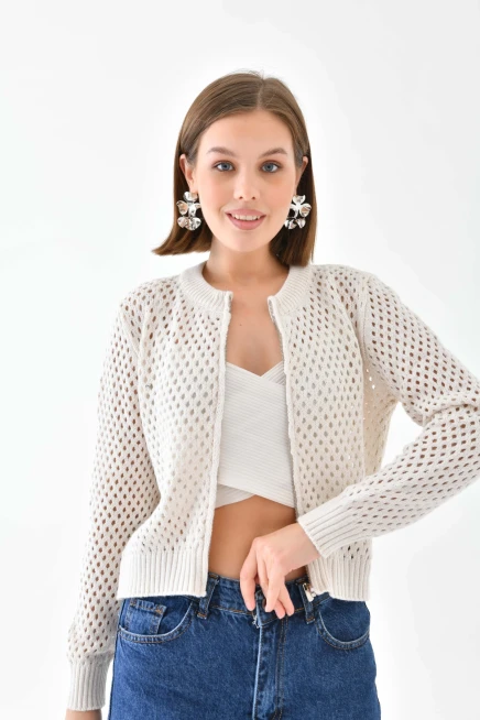 Bisiklet Yaka Fermuar Detaylı Delikli Triko Kazak