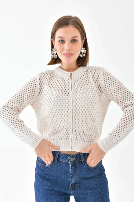 Bisiklet Yaka Fermuar Detaylı Delikli Triko Kazak