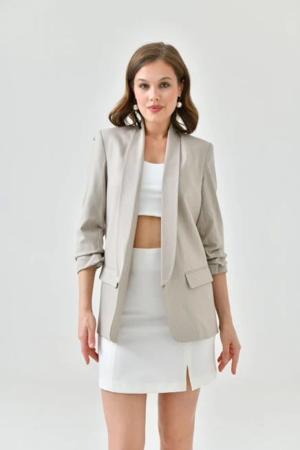 Kadın Taş Çizgili Kol Büzgülü Blazer Ceket