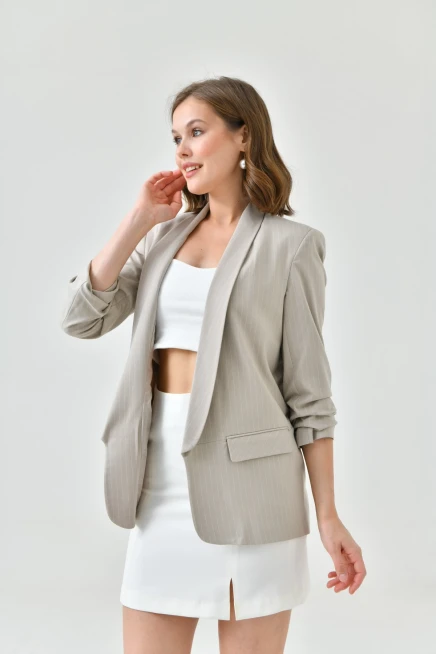 Kadın Taş Çizgili Kol Büzgülü Blazer Ceket