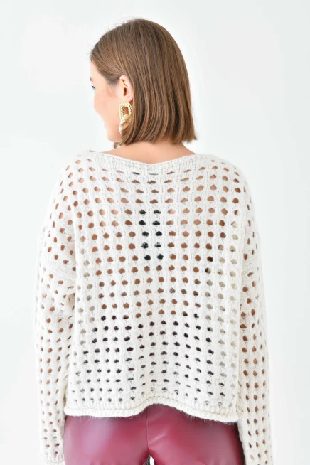 Simli Örgü Detaylı Oversize Bisiklet Yaka Triko Kazak