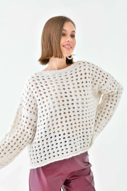 Simli Örgü Detaylı Oversize Bisiklet Yaka Triko Kazak