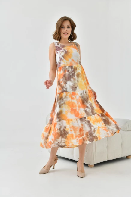 Kadın Turuncu Bisiklet Yaka Sıfır Kol Volan Detaylı Batik Elbise