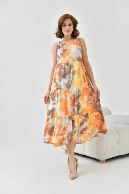 Kadın Turuncu Bisiklet Yaka Sıfır Kol Volan Detaylı Batik Elbise