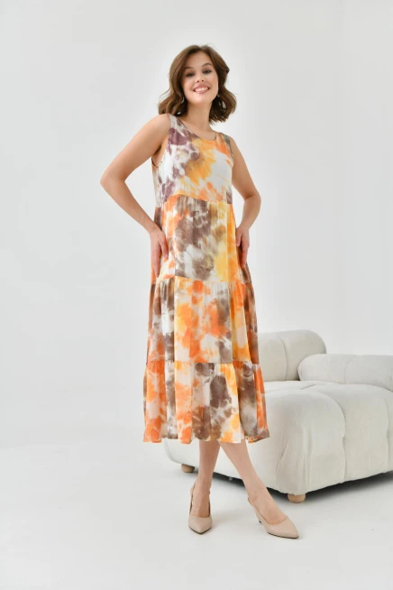 Kadın Turuncu Bisiklet Yaka Sıfır Kol Volan Detaylı Batik Elbise