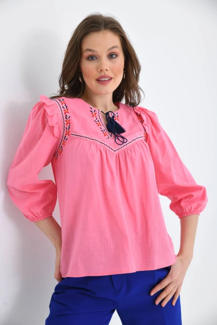 Kadın Uzun Kol Bağlama Detay Nakışlı Salaş Bluz