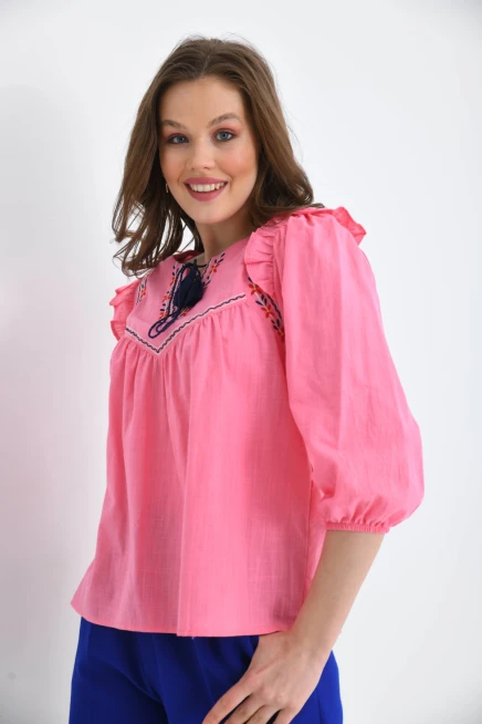 Kadın Uzun Kol Bağlama Detay Nakışlı Salaş Bluz