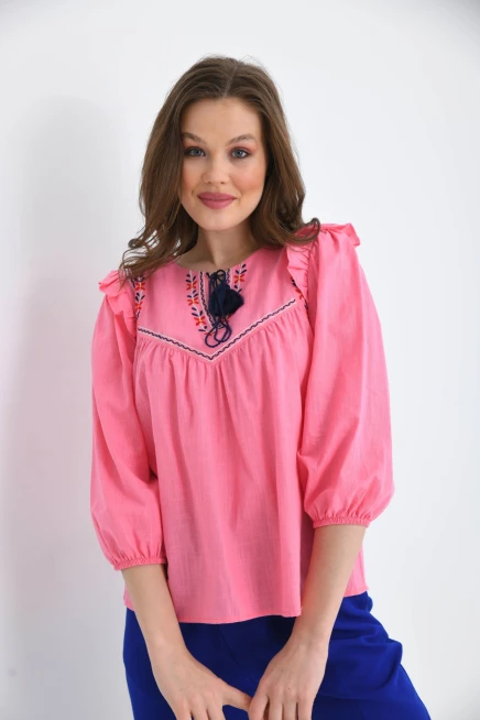 Kadın Uzun Kol Bağlama Detay Nakışlı Salaş Bluz