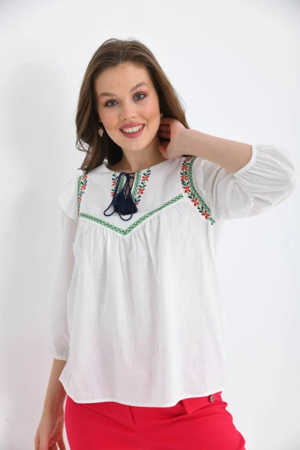 Kadın Uzun Kol Bağlama Detay Nakışlı Salaş Bluz