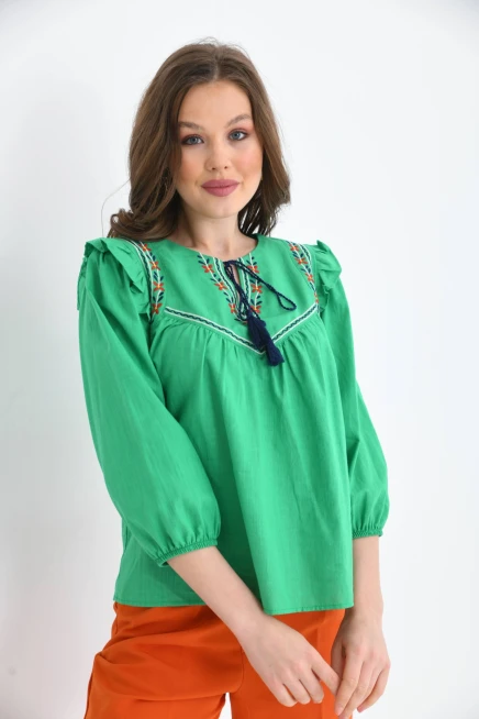 Kadın Uzun Kol Bağlama Detay Nakışlı Salaş Bluz