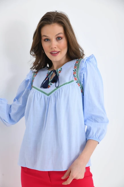 Kadın Uzun Kol Bağlama Detay Nakışlı Salaş Bluz