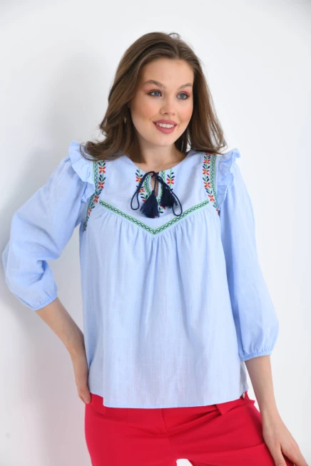 Kadın Uzun Kol Bağlama Detay Nakışlı Salaş Bluz