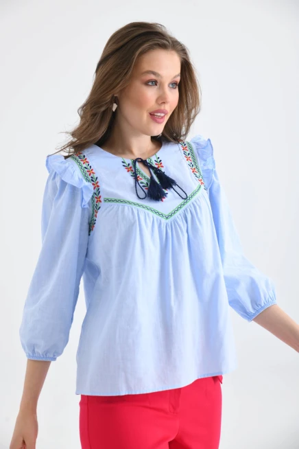 Kadın Uzun Kol Bağlama Detay Nakışlı Salaş Bluz